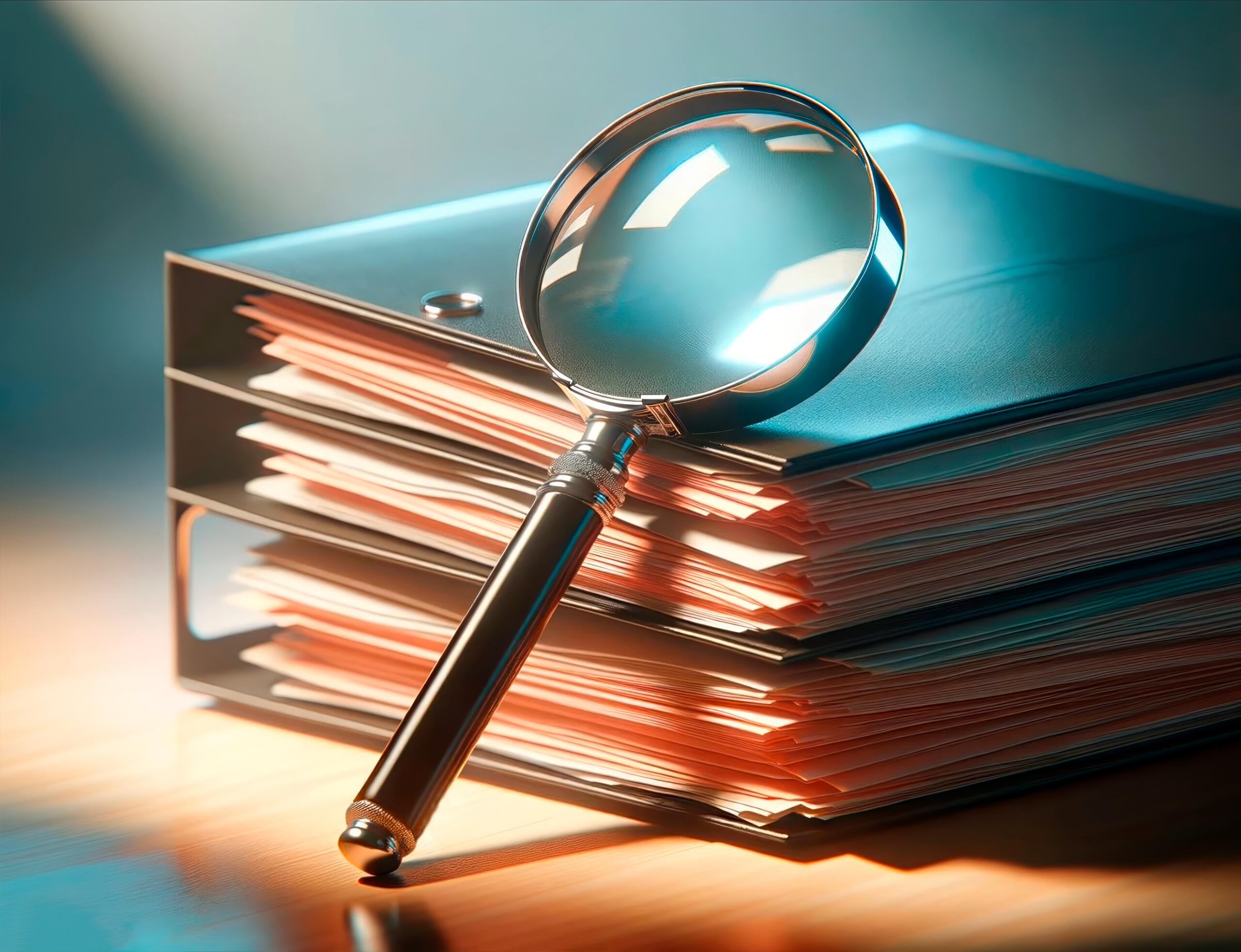 Loupe posée sur une pile de dossiers, symbolisant l'analyse et l'examen minutieux des documents par NOEL Olivier (EI) Assistant Administratif précontentieux.